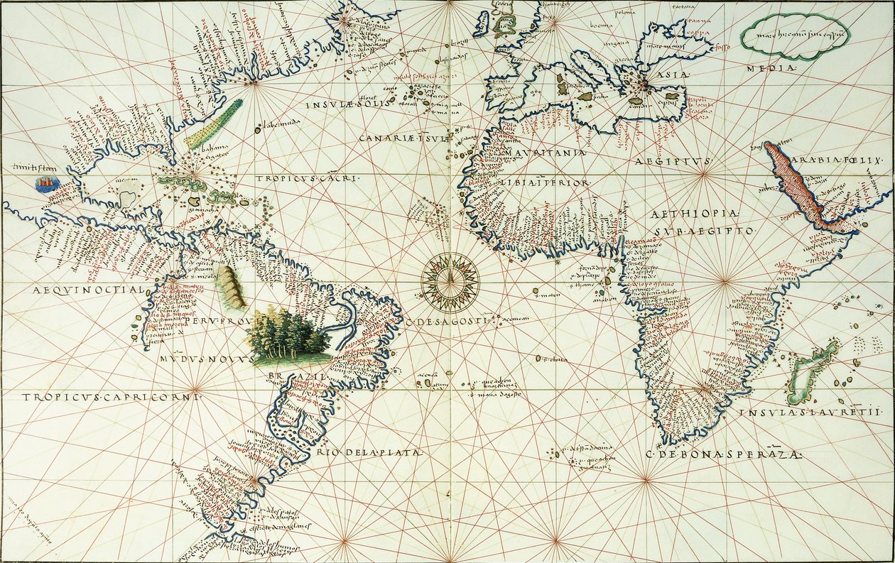 A Double-Page Map of the Atlantic Ocean, Showing the East Coast of North and South America by Battista Agnese