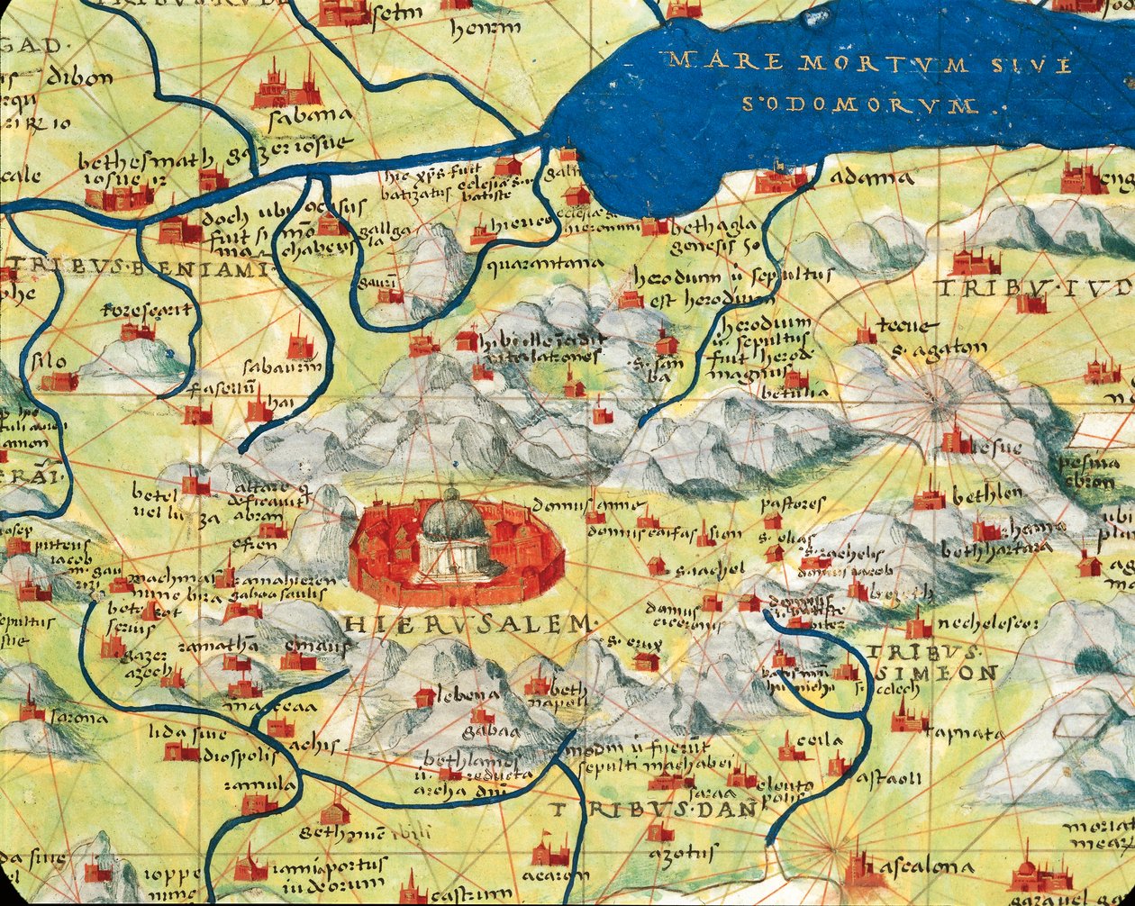 Holy Land, Israel and Palestine: Jerusalem and the Dead Sea, from Atlas of the World in Thirty-Three Maps, by Battista Agnese by Battista Agnese