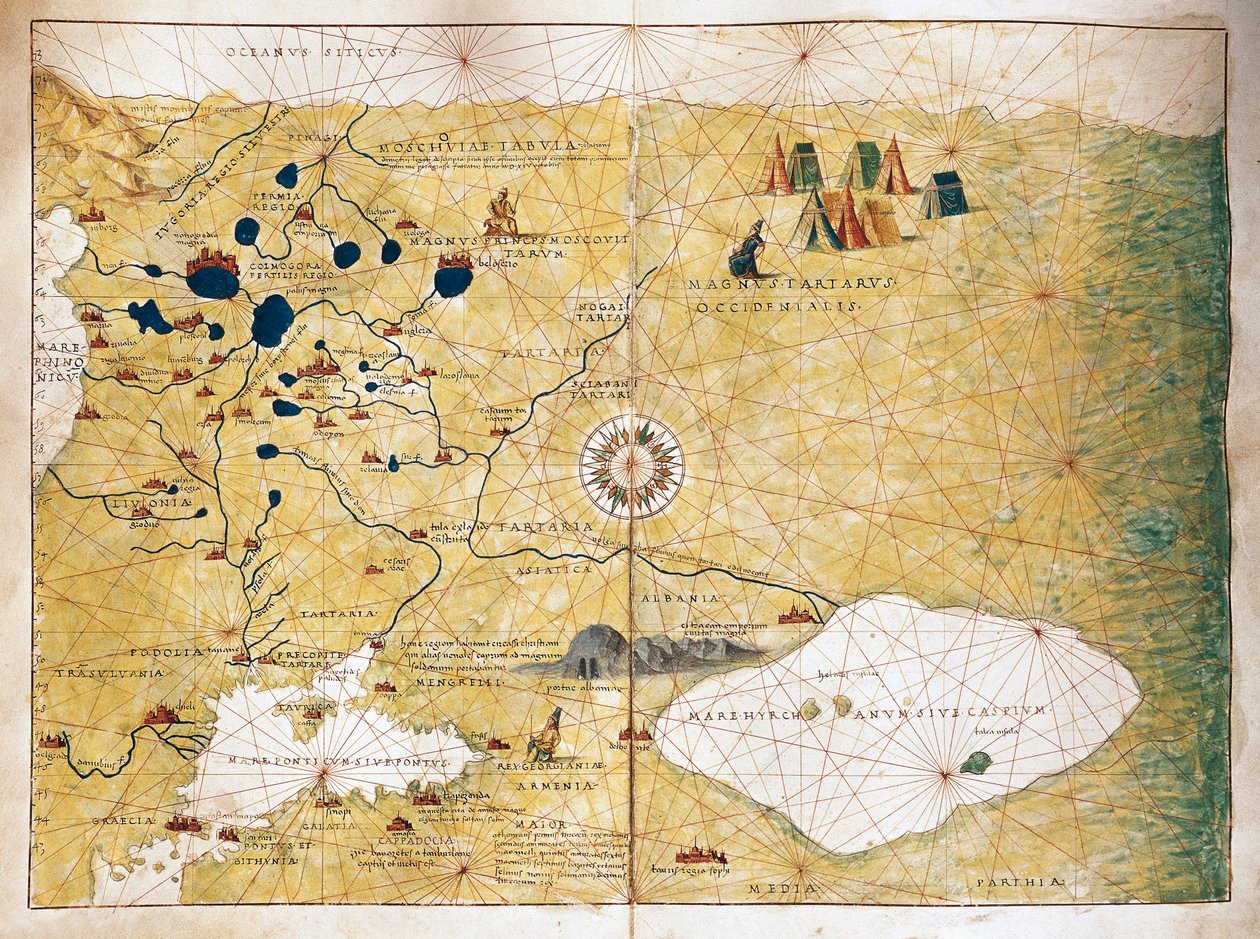 Moschoviae Tabula, Map of Russia and European Cities along the Volga River by Battista Agnese