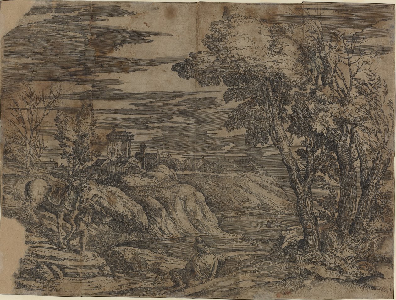 Landscape with a Man Leading a Horse by Battista Franco, after Titian