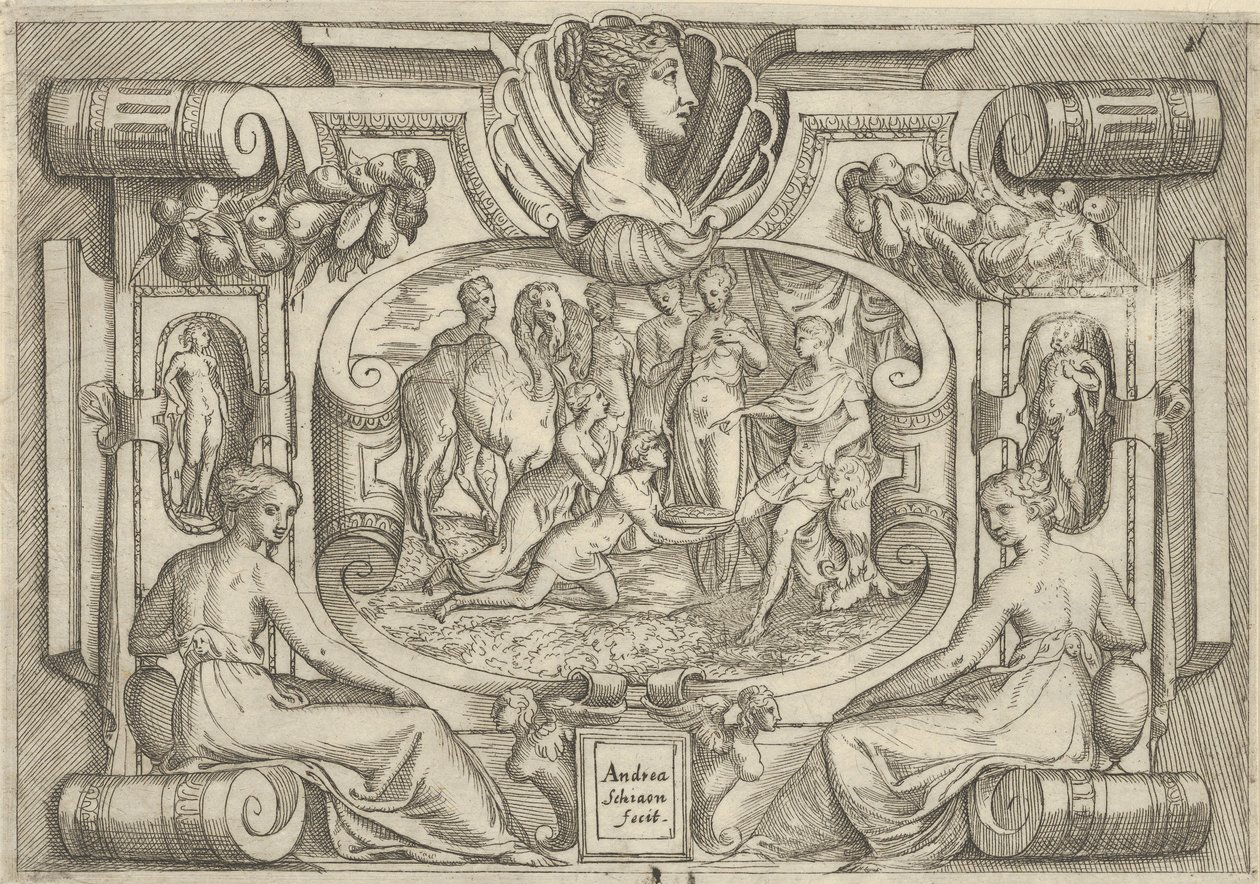 A man and woman offering a platter of coins to a king seated on a throne, ca. 1540-80 by Battista del Moro