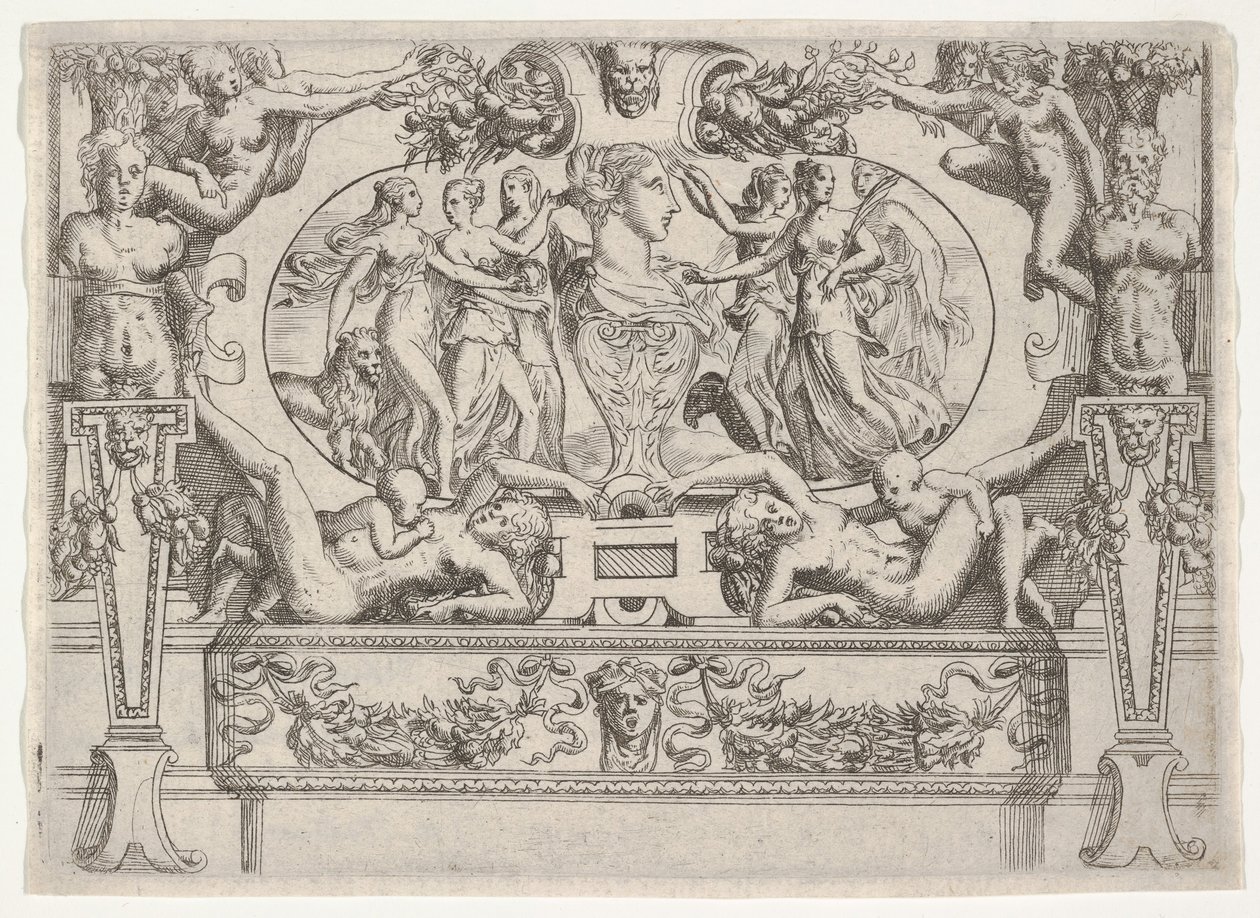 Bust of a Woman Flanked by Three Women on Each Side, Set Within an Elaborate Frame by Battista del Moro