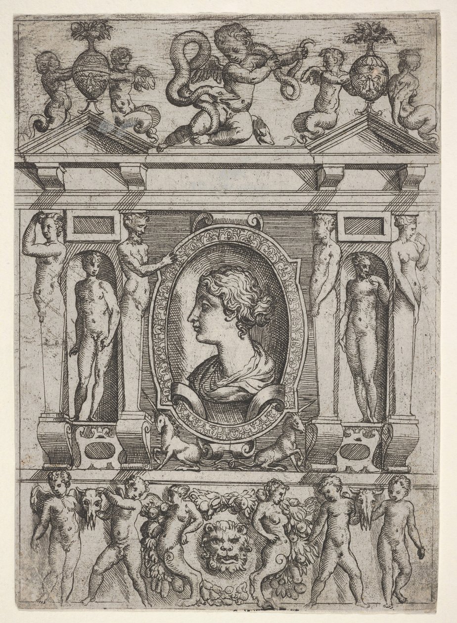 Bust of a Woman in Profile Facing Left, Set in an Elaborate Frame with Figures, ca. 1540-80 by Battista del Moro