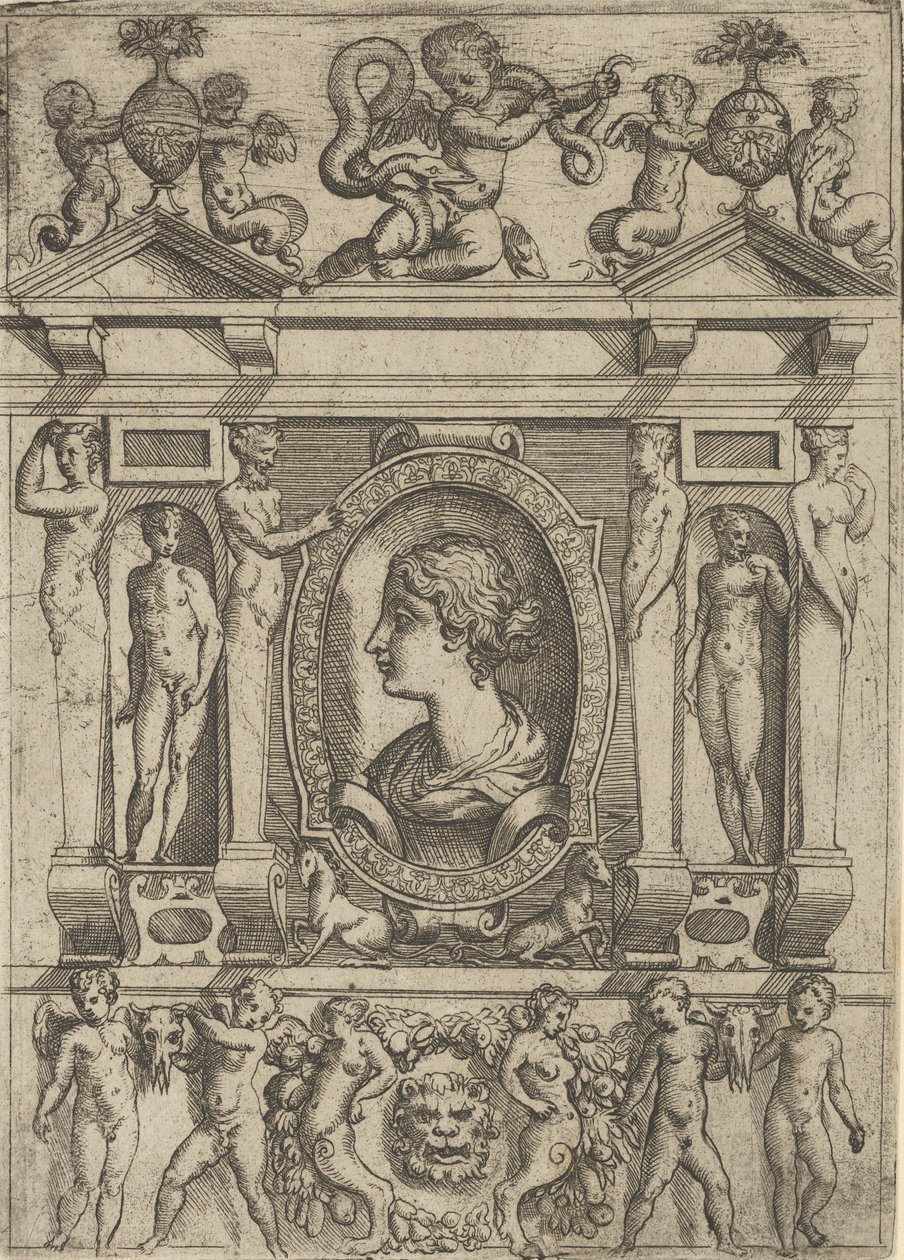 Bust of a Woman in Profile Facing Left, Set in an Elaborate Frame with Figures by Battista del Moro
