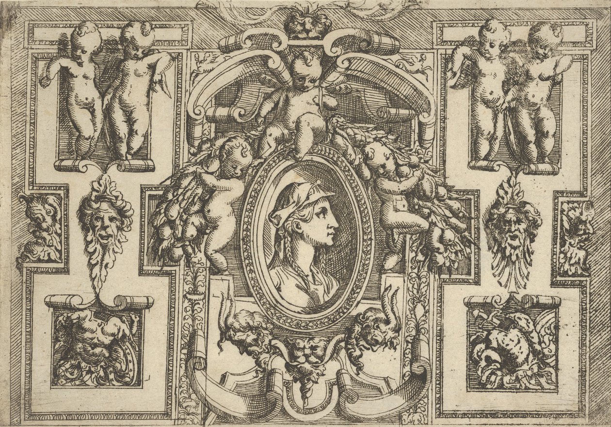 Bust of a Woman in Profile Facing Right, Set Within an Elaborate Frame with Putti by Battista del Moro