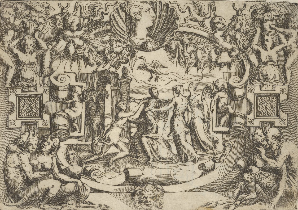 Four Women Surrounding a Seated Figure, a Bird Above Them by Battista del Moro