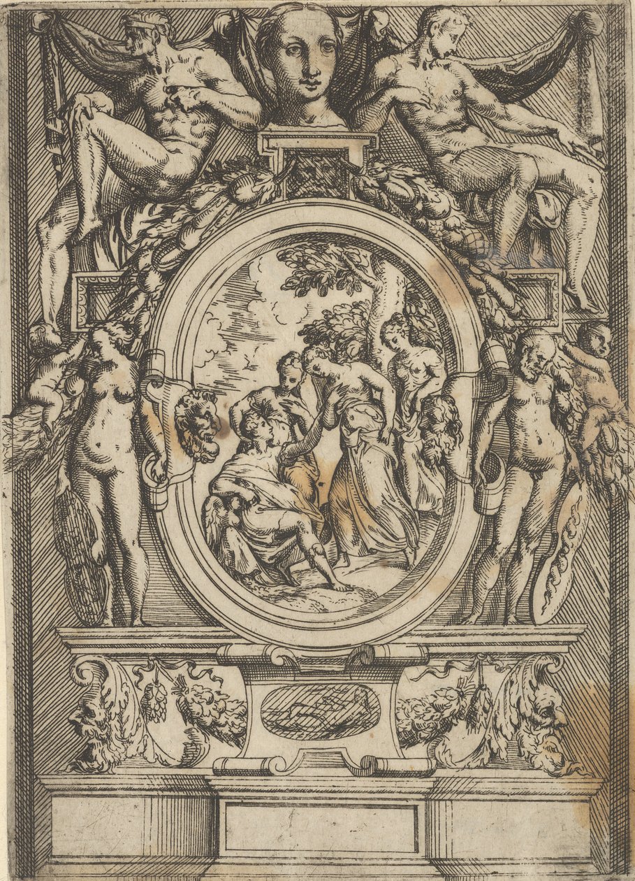 The Judgment of Paris, Man Seated at Left Reaches Out to a Woman Who is Flanked by by Battista del Moro