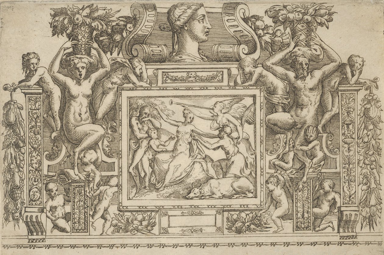 Woman seated with arms outstretched, personification of Fame with trumpet at right... by Battista del Moro