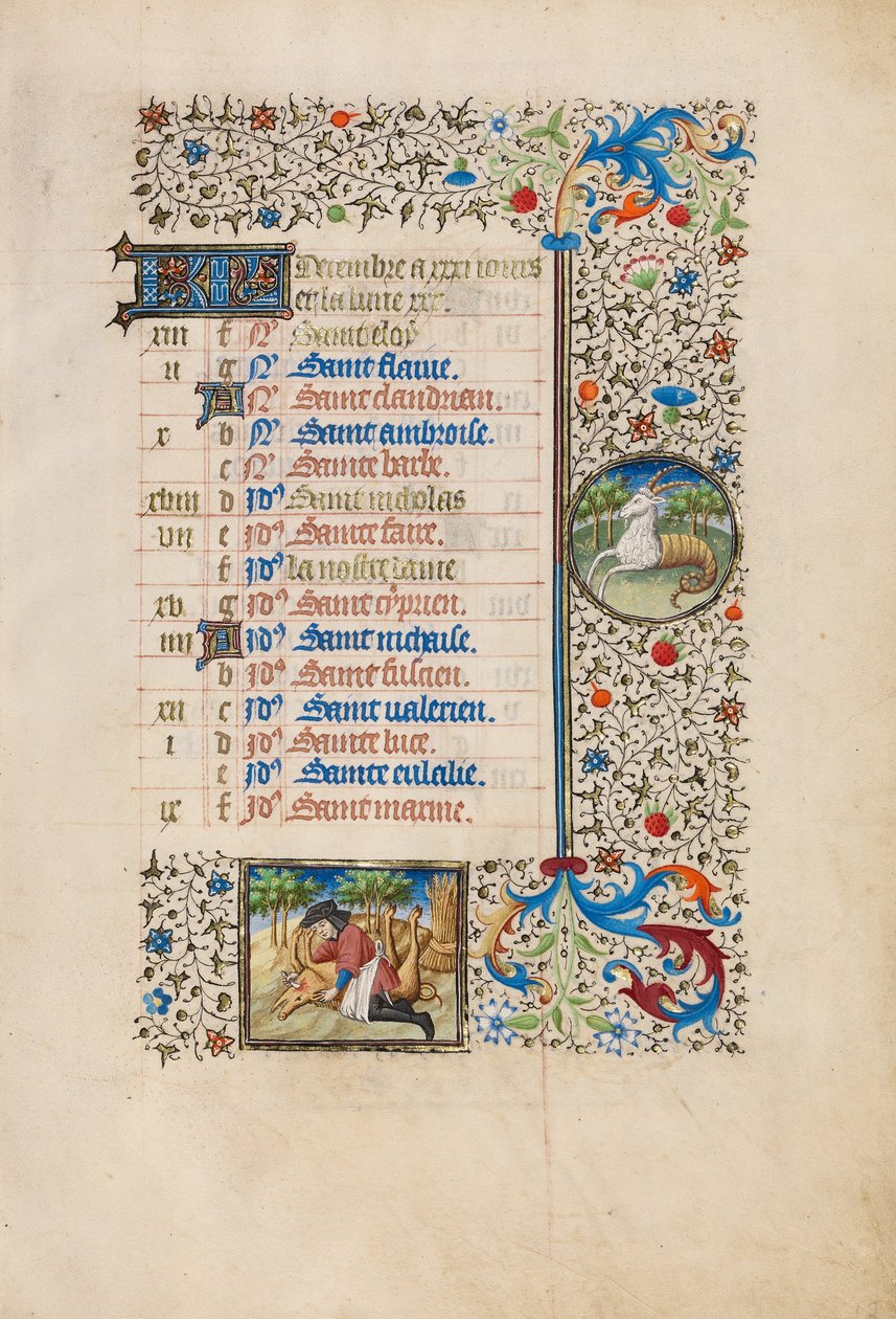 December Calendar Page; Slaughtering a Pig; Capricorn by Bedford Master