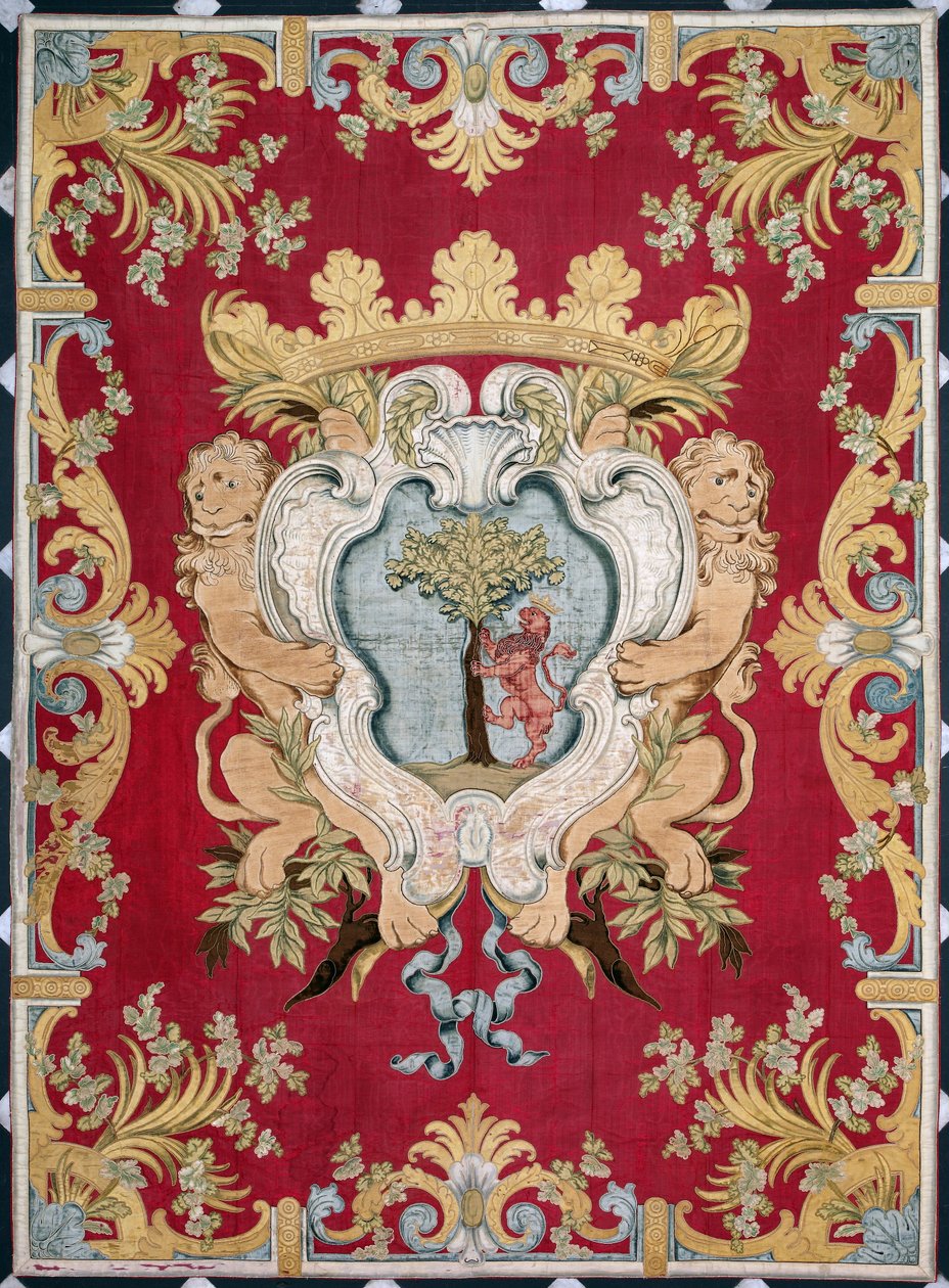 Blazon of the nobility with a lion and a tree. Tapestry of the manufactures of Brussels by Belgian School