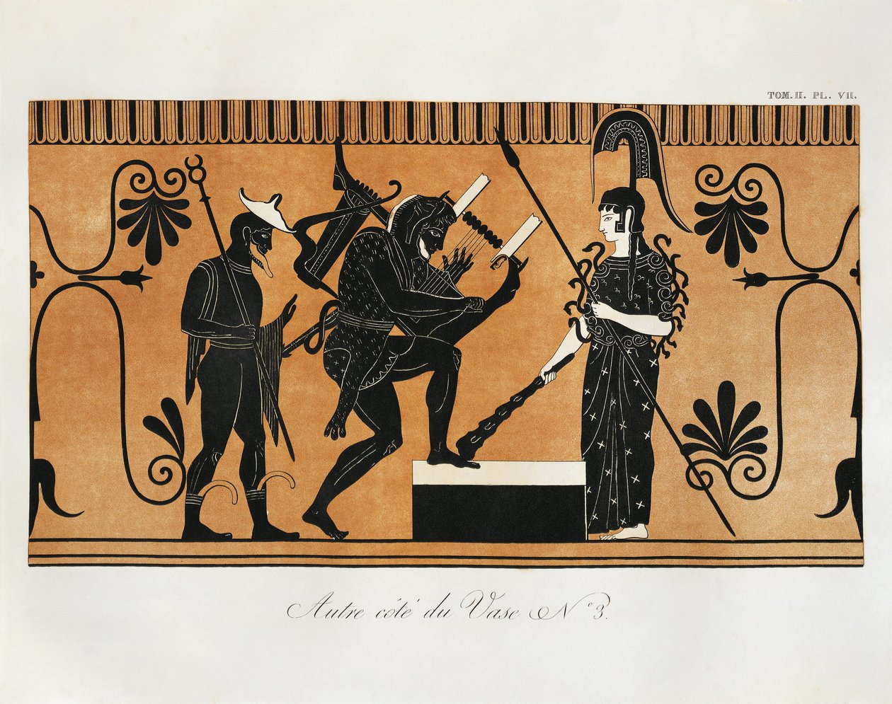 Scene from ancient Greek vase with Heracles playing lyre before Athena with Hermes standing behind him by Piringer (after Greek original) by Benedict or Benedikt Piringer
