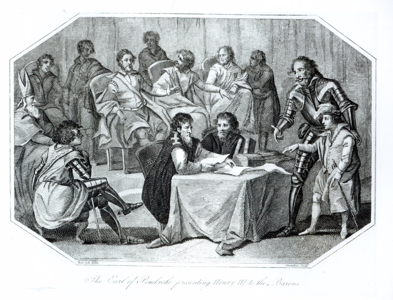 The Earl of Pembroke Presenting Henry III to the Barons, 1216 engraved by Saunders by Benezach