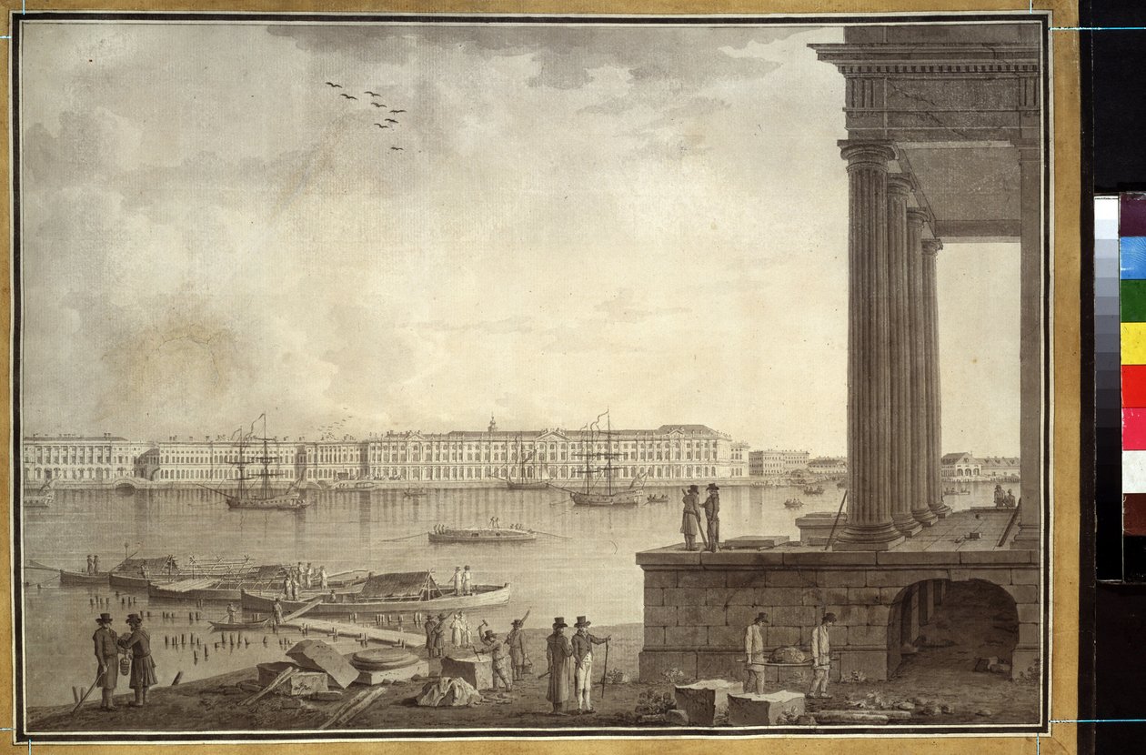 View of the Winter Palace and the Stock Exchange in Saint Petersburg. Work by Benjamin Paterssen, pencil and ink on paper, circa 1790. Swedish art by Benjamin Patersson