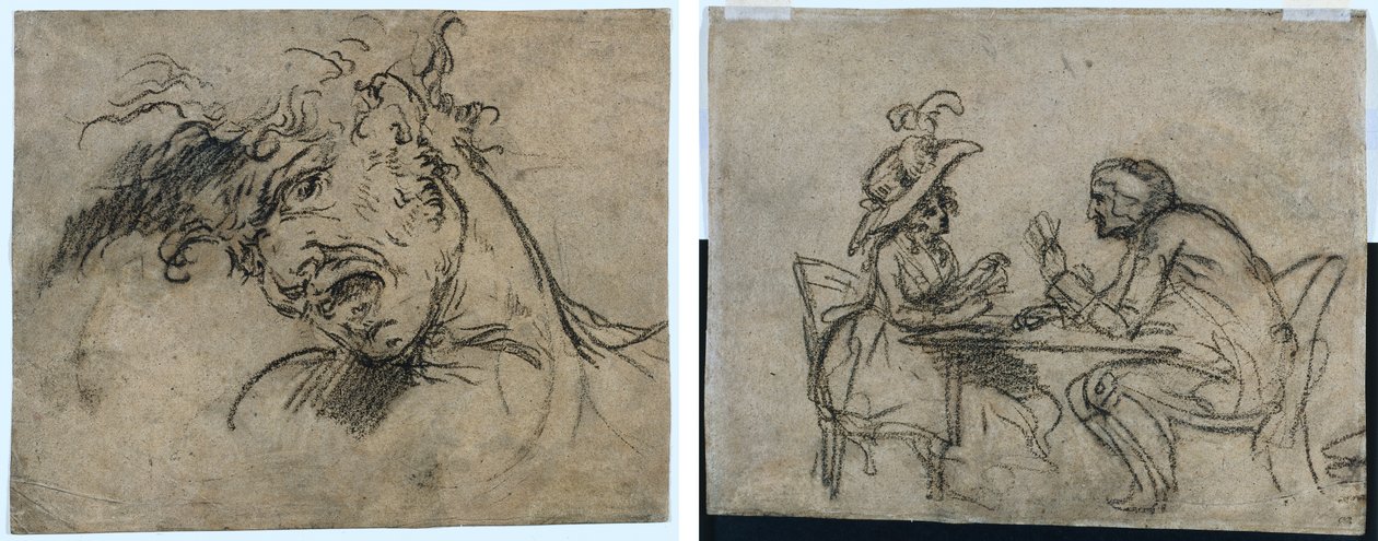 Head of a Screaming Man (recto) Woman and Man Playing Cards (verso) by Benjamin West