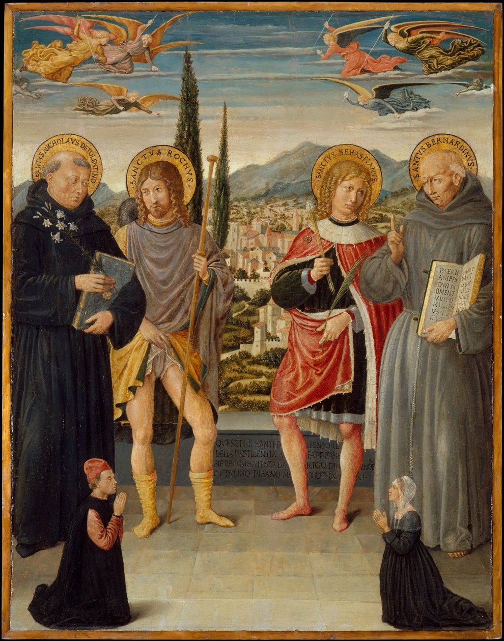 Saints Nicholas of Tolentino, Roch, Sebastian, and Bernardino of Siena, with Kneeling Donor by Benozzo di Lese di Sandro Gozzoli