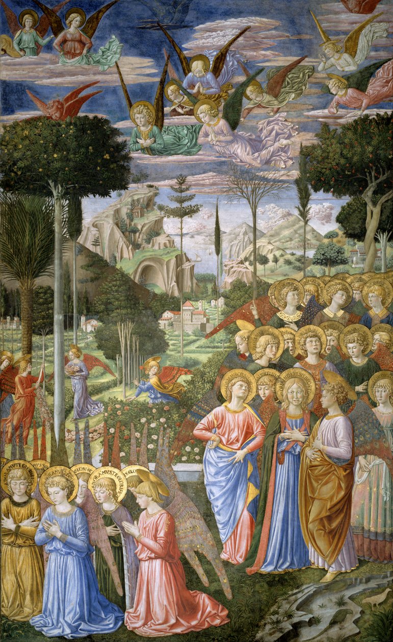 Angels in a heavenly landscape, the right hand wall of the apse, from the Journey of the Magi cycle in the chapel by Benozzo di Lese di Sandro Gozzoli