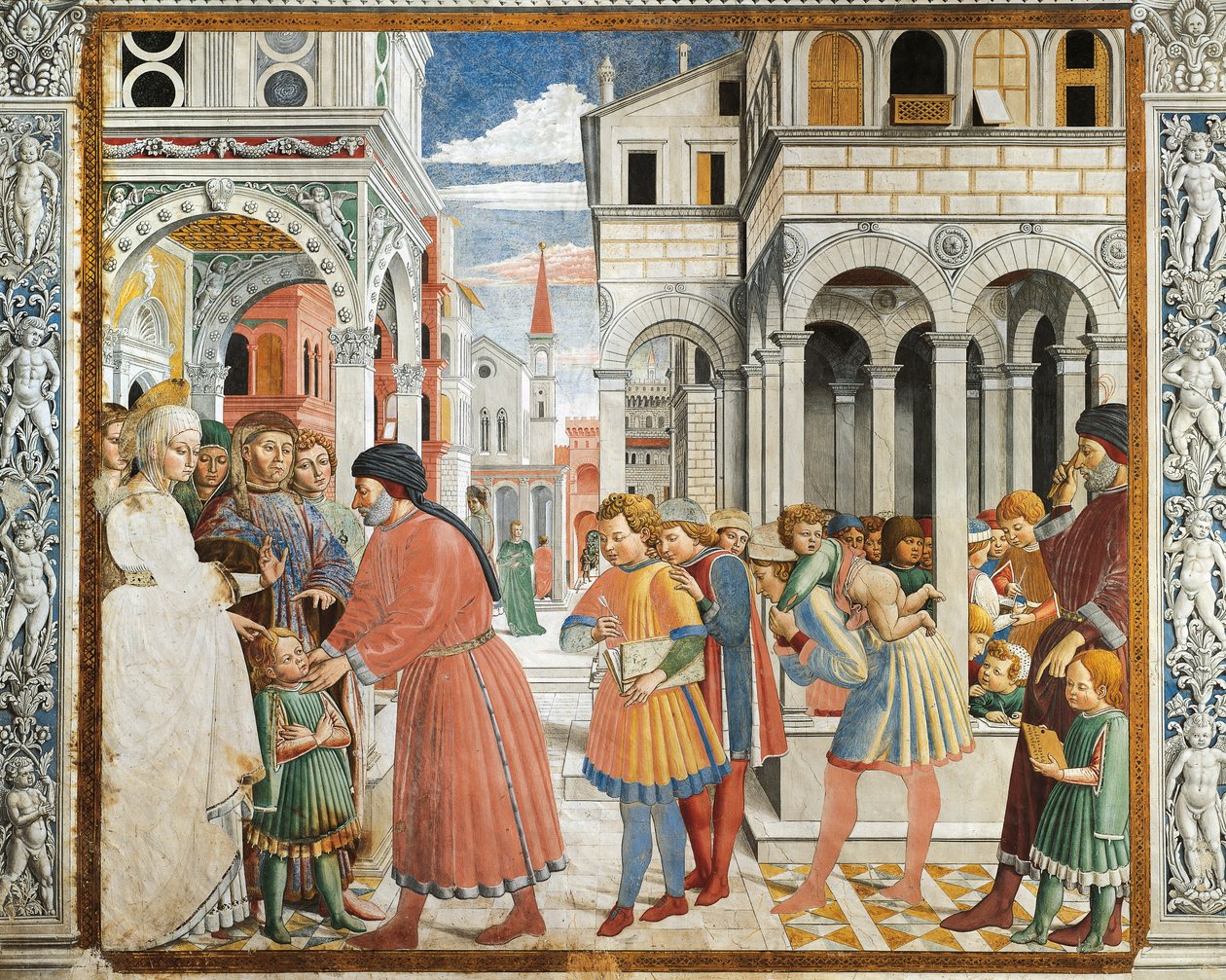 St Augustine taken by his parents to grammar teacher at Tagaste, fresco, Church of St Augustine, San Gimignano by Benozzo di Lese di Sandro Gozzoli