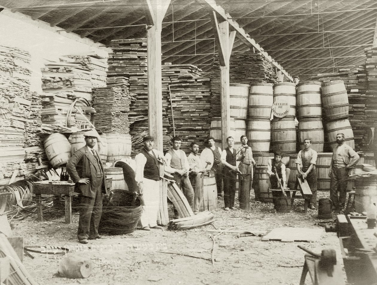 Interior of a cask factory at Zichron Yaacov with workers, c.1898-1900 by Bernard Edelstein