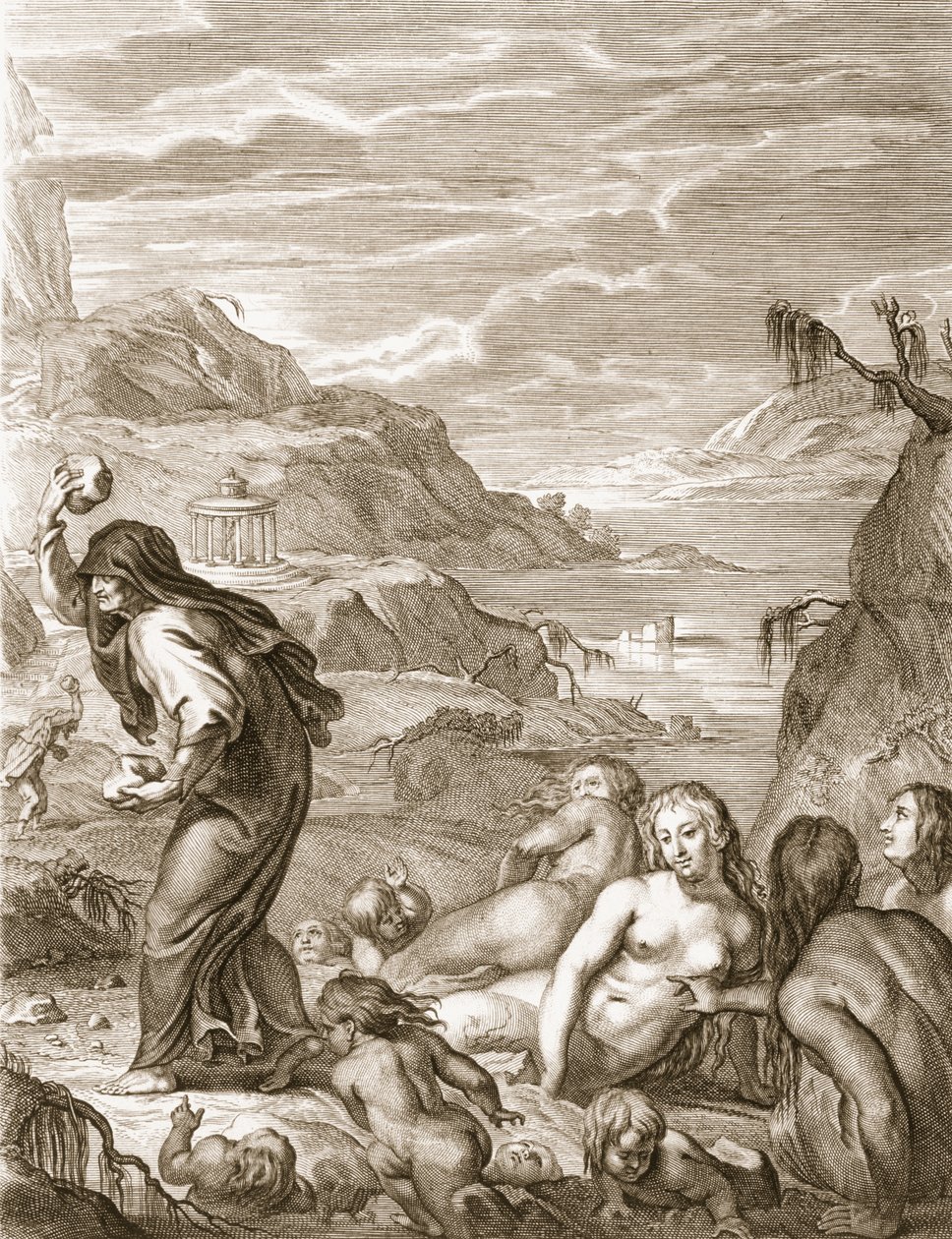 Deucalion and Pyrrha Repeople the World by Throwing Stones Behind Them, 1731 by Bernard Picart