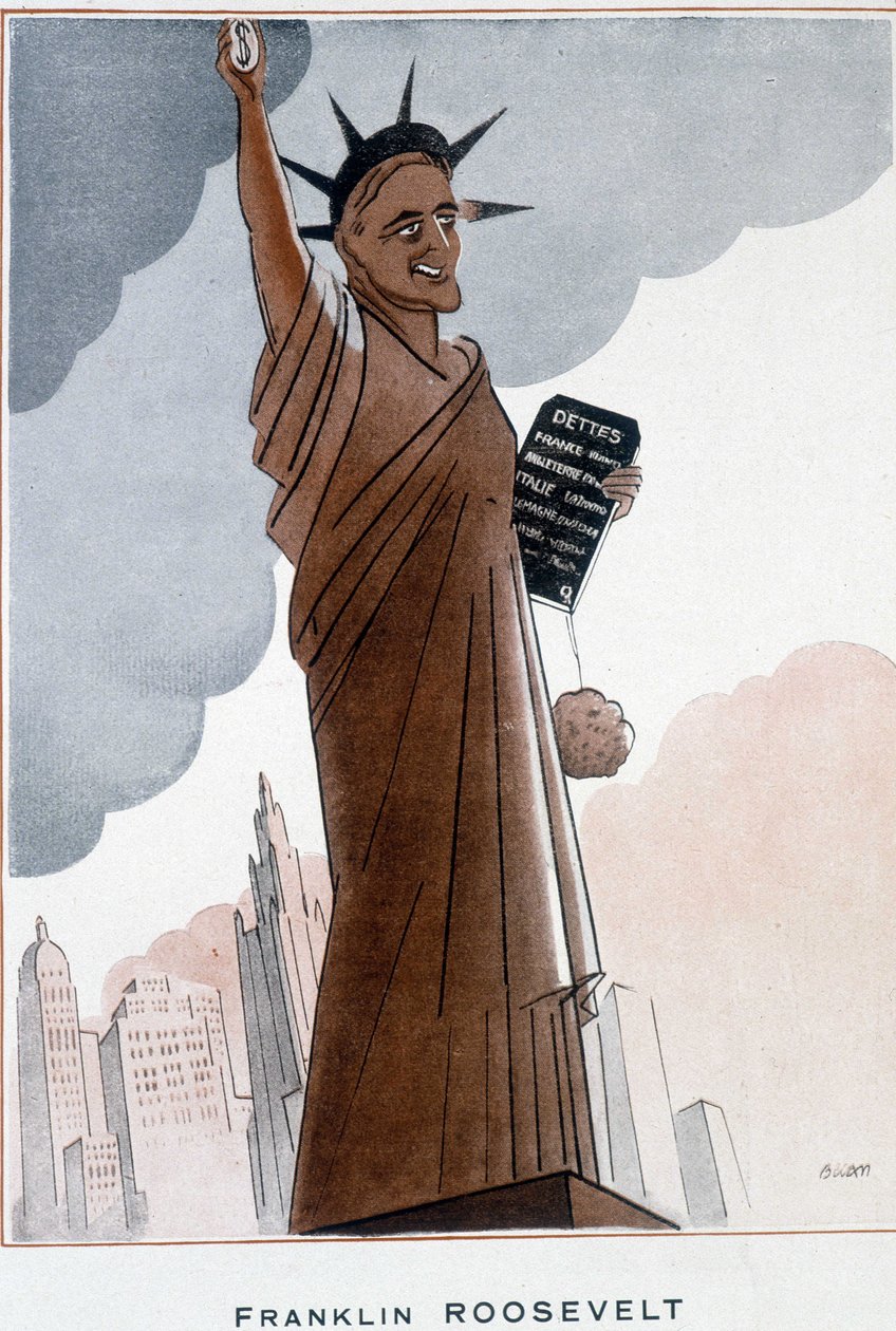 Cartoon by Franklin Roosevelt in Statue of Liberty - Illustration by Bernard Becan (Bernhard Kahn) (1890-1943) In “Fantasio” from 01/12/1932 by Bernard Becan