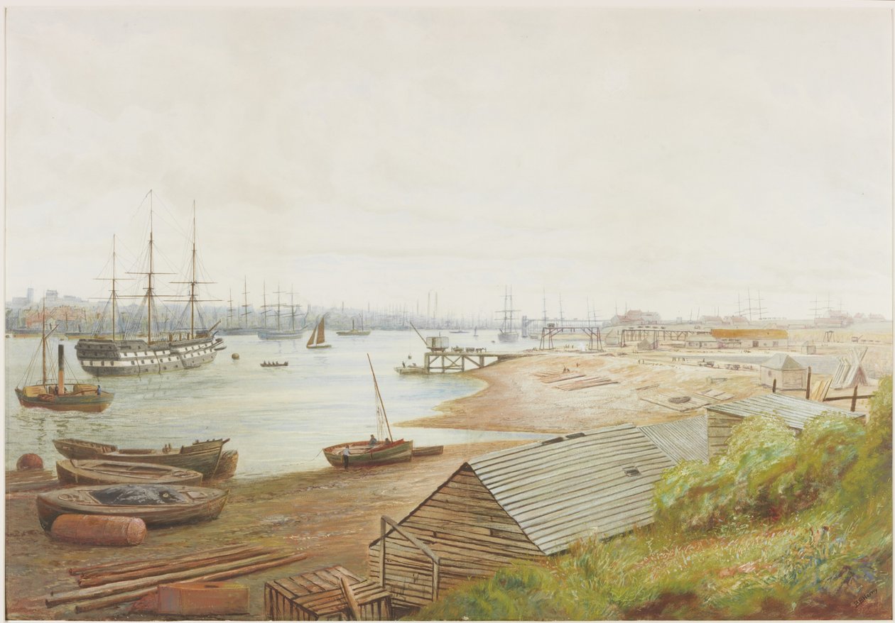 A Busy River Scene with Numerous Vessels by Bernard Benedict Hemy