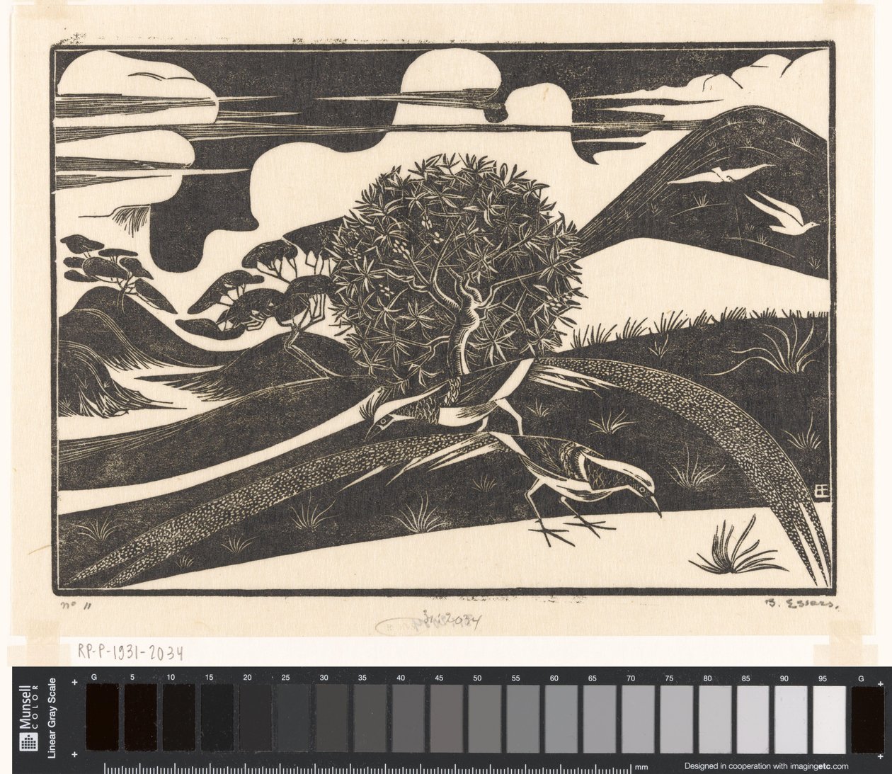 Two Pheasants in a Hilly Landscape by Bernard Essers (signed by artist)