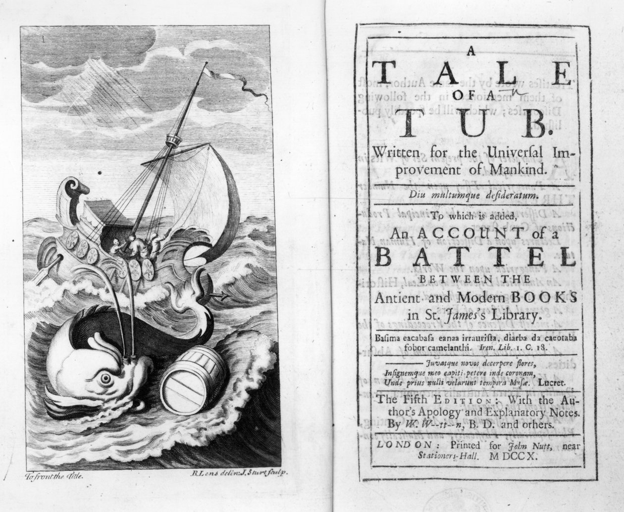 Frontispiece and Titlepage to A Tale of a Tub by Jonathan Swift (engraved by John Sturt) by Bernard II Lens