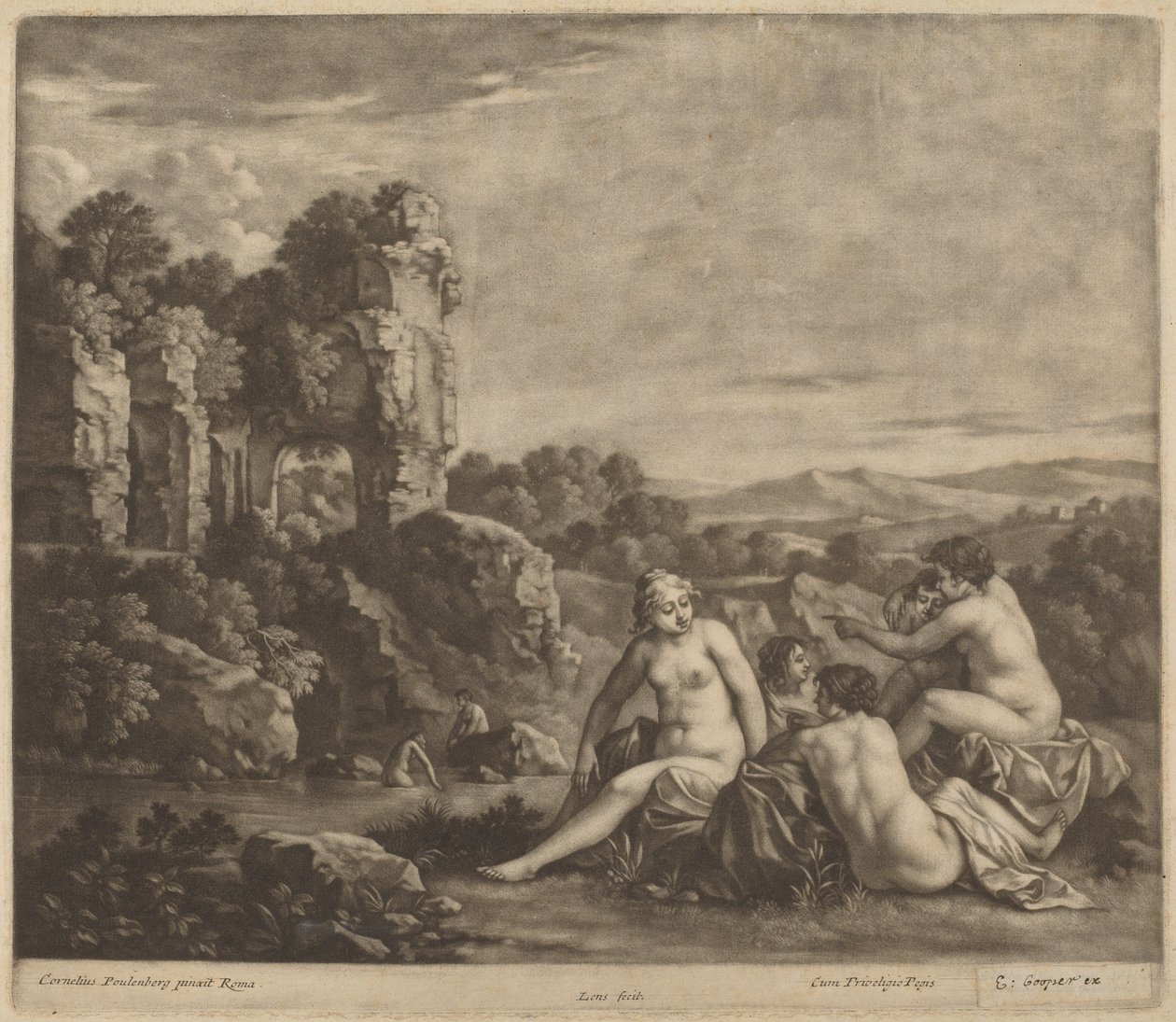 Bathers in a Landscape by Bernard Lens, after Cornelis van Poelenburch