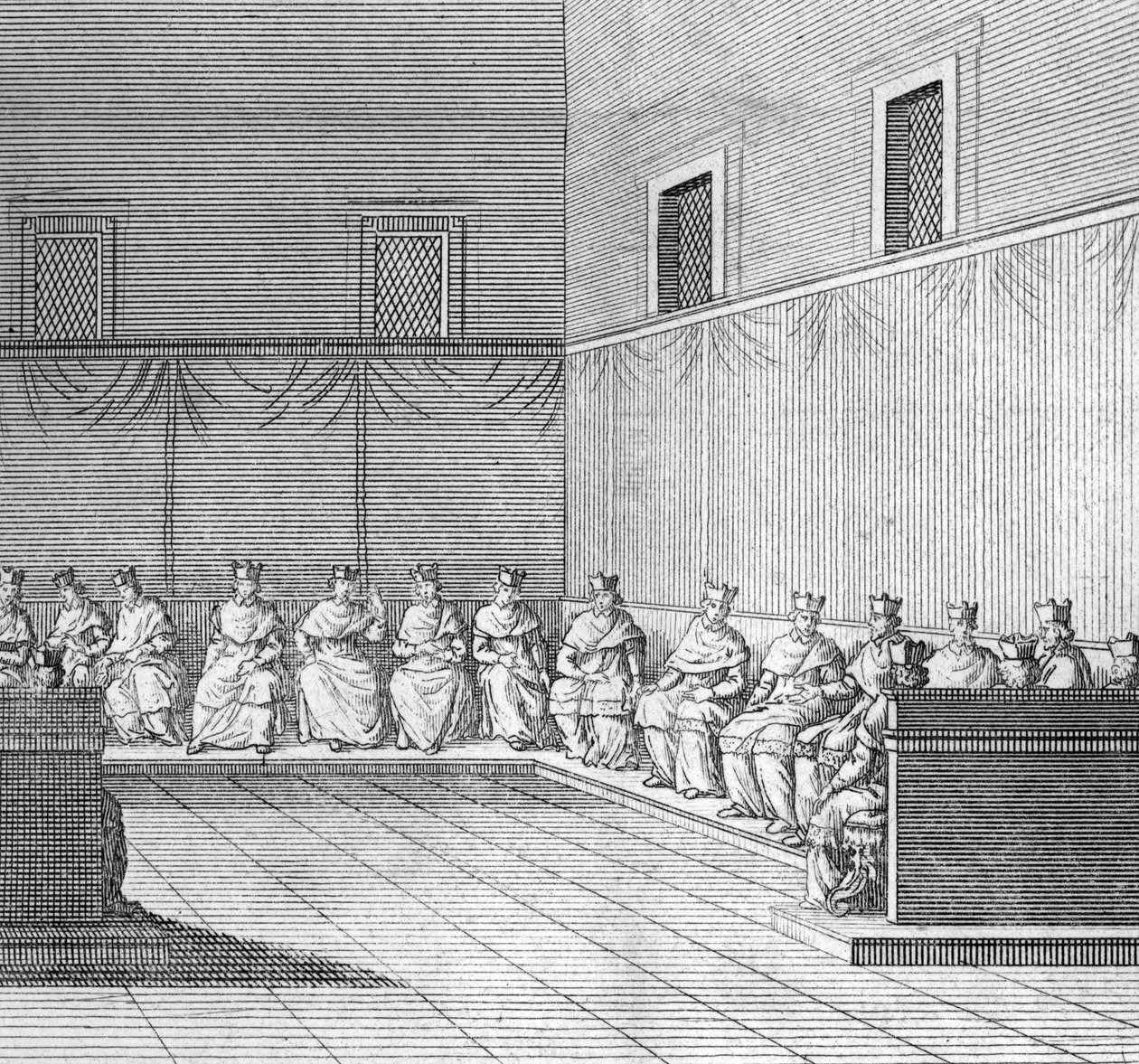 Different stages of the conclave, meeting of cardinals for the election of a new pope: first congregation of the cardinals (Election of the new pope during the conclave in the Sistine Chapel, Vatican: first congregation of the cardinals) Engraving by Bernard Picart