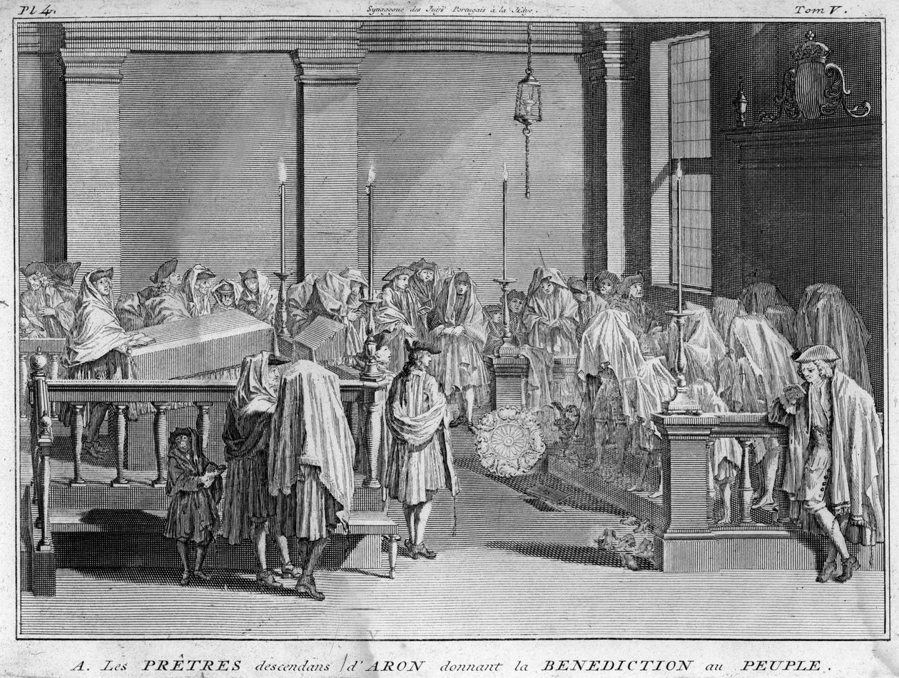 High Priest of Israel belonging to the Jewish priestly families that trace their paternal line back to Aaron give their benediction to the Jewish people. Engraving from 