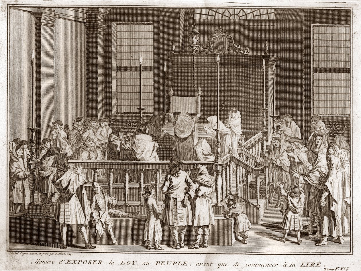 Judaism: display of the Torah at a Synagogue before the reading Engraving from Illustration de ceremonies et customs religieuses de tous les peuples du monde by Bernard Picart (1723-1743) 1819 Private collection by Bernard Picart
