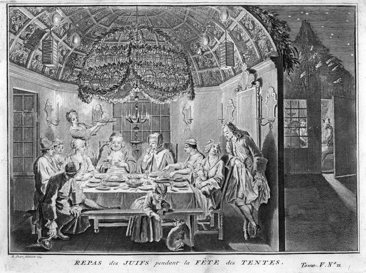 Judaism: meal for the Jewish people during Sukkot feast of the tabernacles or booths) Engraving from Illustration of ceremonies and customs religious of all peoples of the world by Bernard Picart by Bernard Picart