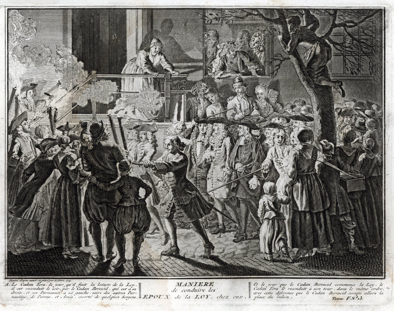 Judaism: the way of leading the spouses of the Law home - a representation of the procession by which the community honoured, at the feast of Simhat Torah, those who had been chosen, one to bless the reading of the last passage of the Torah and the other t by Bernard Picart