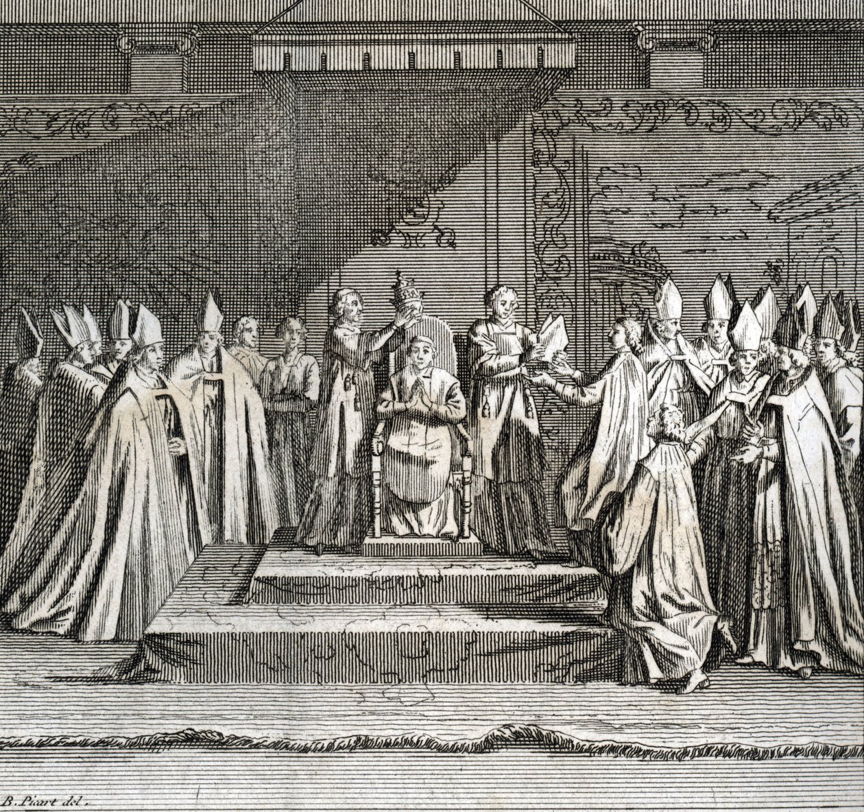 Solemn Inauguration of the Pontificate Representation of the coronation of the pope) Engraving from Illustration of ceremonies and religious customs of all peoples of the world by Bernard Picart by Bernard Picart