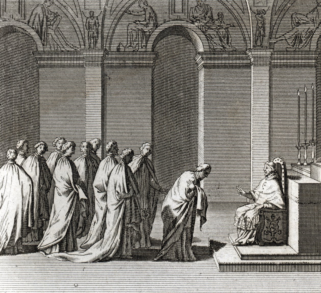 Solemn Inauguration of the Pontificate: The Adoration of the Pope in the Sistine Chapel (Papal Inauguration: Worshiping of the Pope in the Sistine Chapel) Engraving from Illustration of Ceremonies and Religious Customs of All Peoples of the World by Bernard Picart