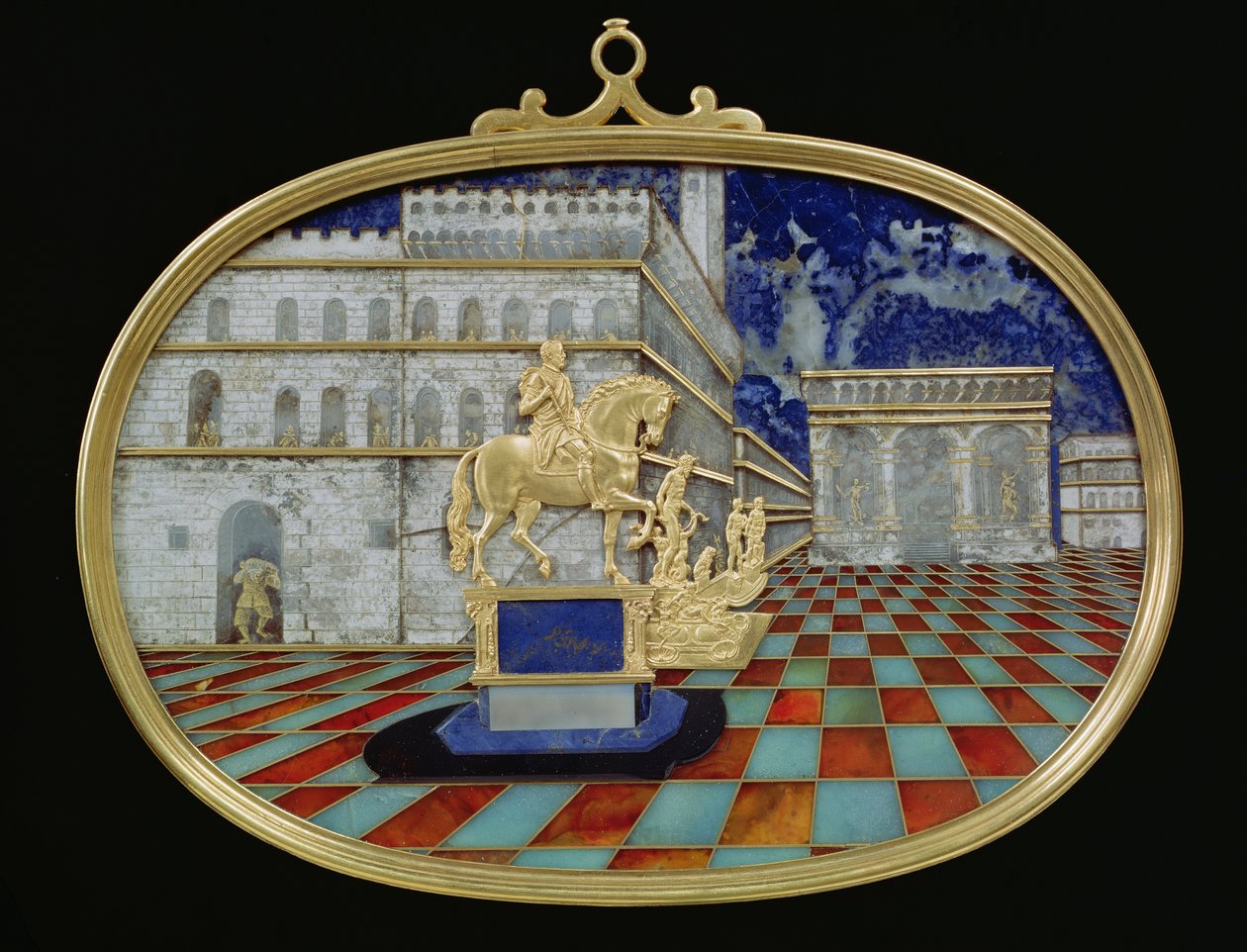 Miniature mosaic of an Italian piazza, probably Florence, containing bronzes and an equestrian statue, mosaic by Gaffuri and gold base-reliefs by Bilivelt by Bernardino and Bilivert, Jacopo Gaffuri
