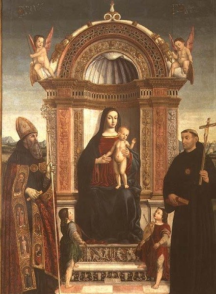 Madonna and Child with St. Nicholas of Tolentino and St. Augustine by Bernardino Loschi