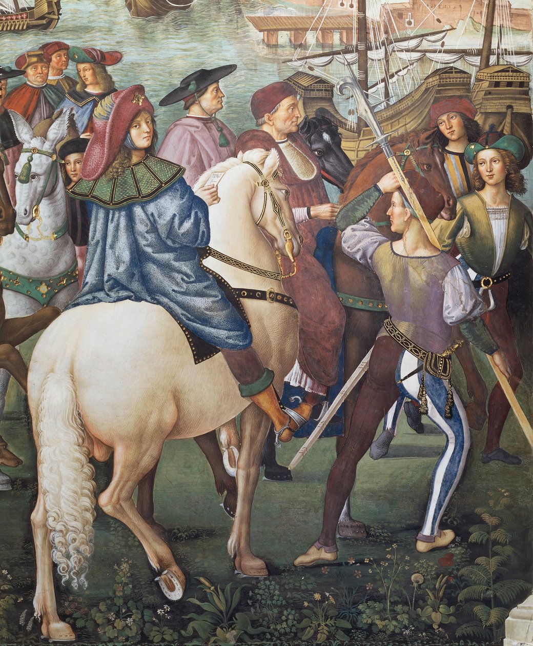 Enea Silvio Piccolomini departing for Basel in the capacity of secretary of the Bishop of Ferrara, (detail) from the Stories of Pius II by Bernardino di Betto Pinturicchio