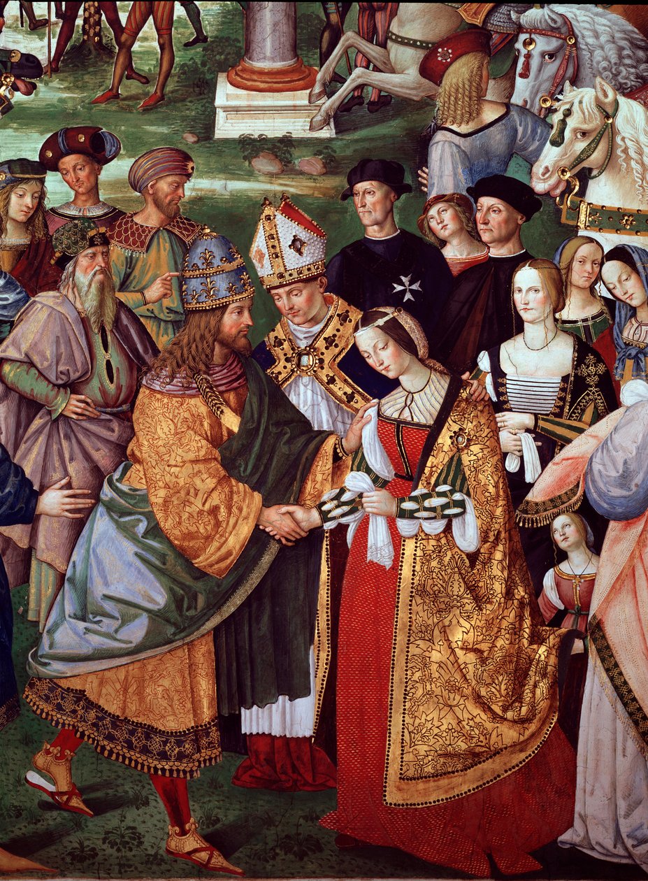 Poet Enee Silvio Piccolomini presents Eleonore of Portugal to Emperor Frederic III of the Holy Empire at the Camollia Gate. (Detail) by Bernardino di Betto Pinturicchio