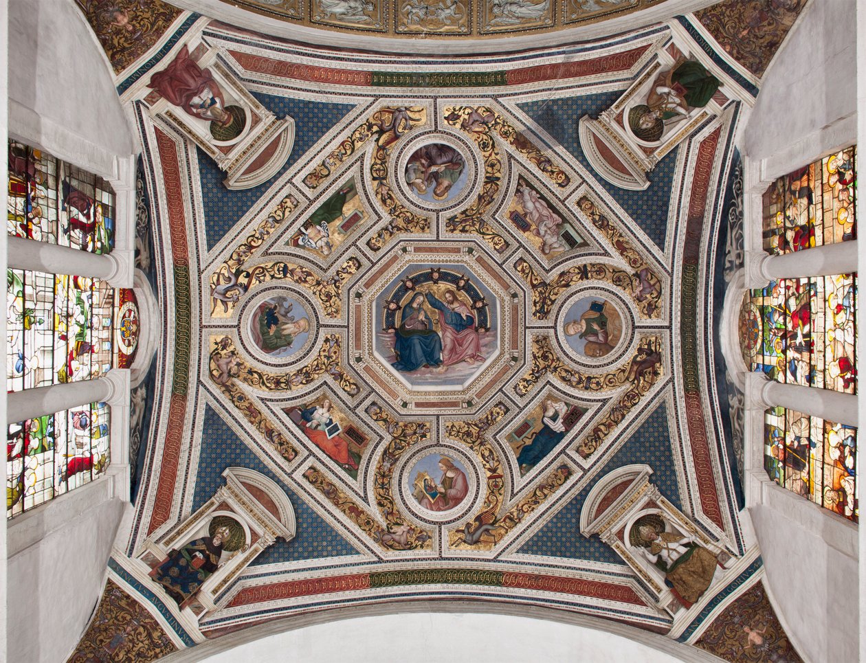 The Coronation of the Virgin, The Four Evangelists, The Sibyls, and the Doctors of the Church (detail). Vault of the choir by Pinturicchio, 1508-1510, Basilica of Santa Maria del Popolo by Bernardino di Betto Pinturicchio
