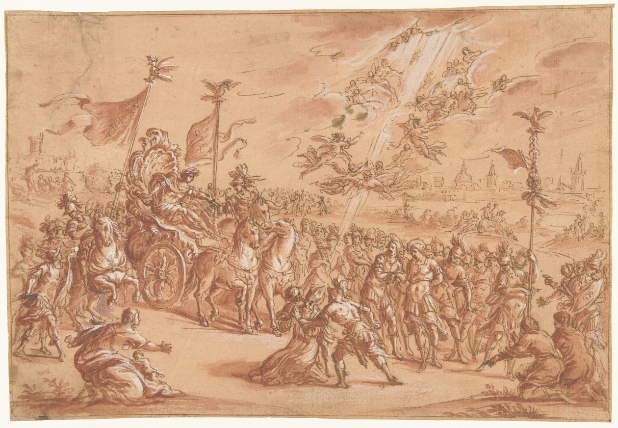 A Holy Bishop Kneeling Beside the Procession of a Roman Emperor by Bernardo Castello (attributed to)