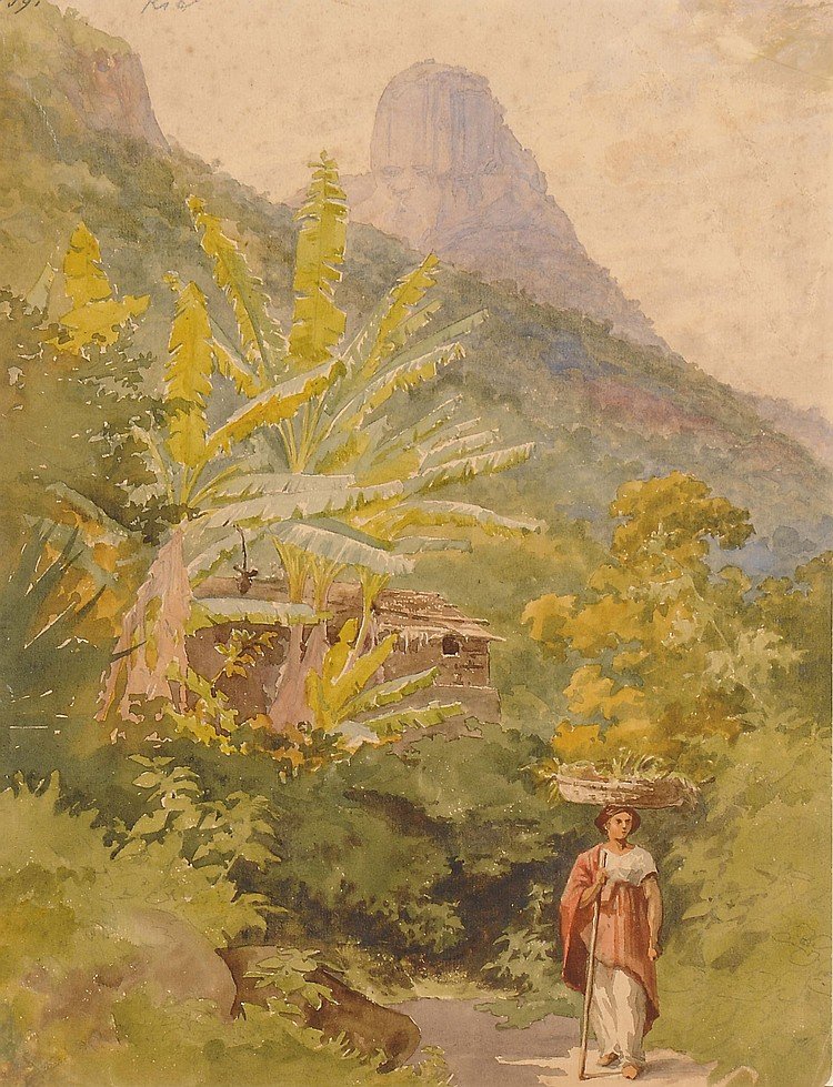 A Brazilian woman carrying a basket of fruit on her head, with Sugar Loaf beyond by Bernhard Wiegandt