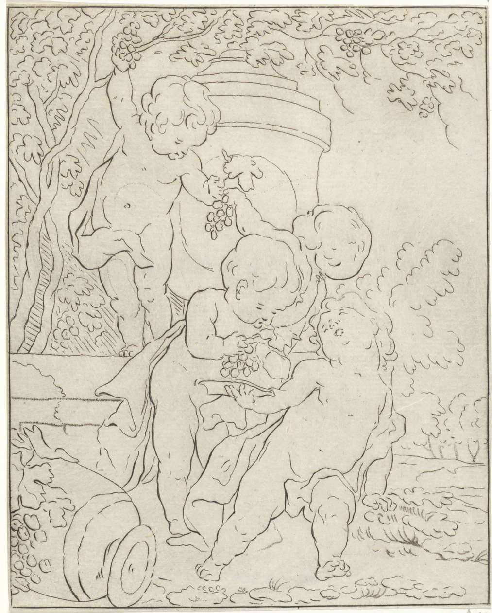 Four Putti Picking Grapes by a Vase by Bernhard Schreuder