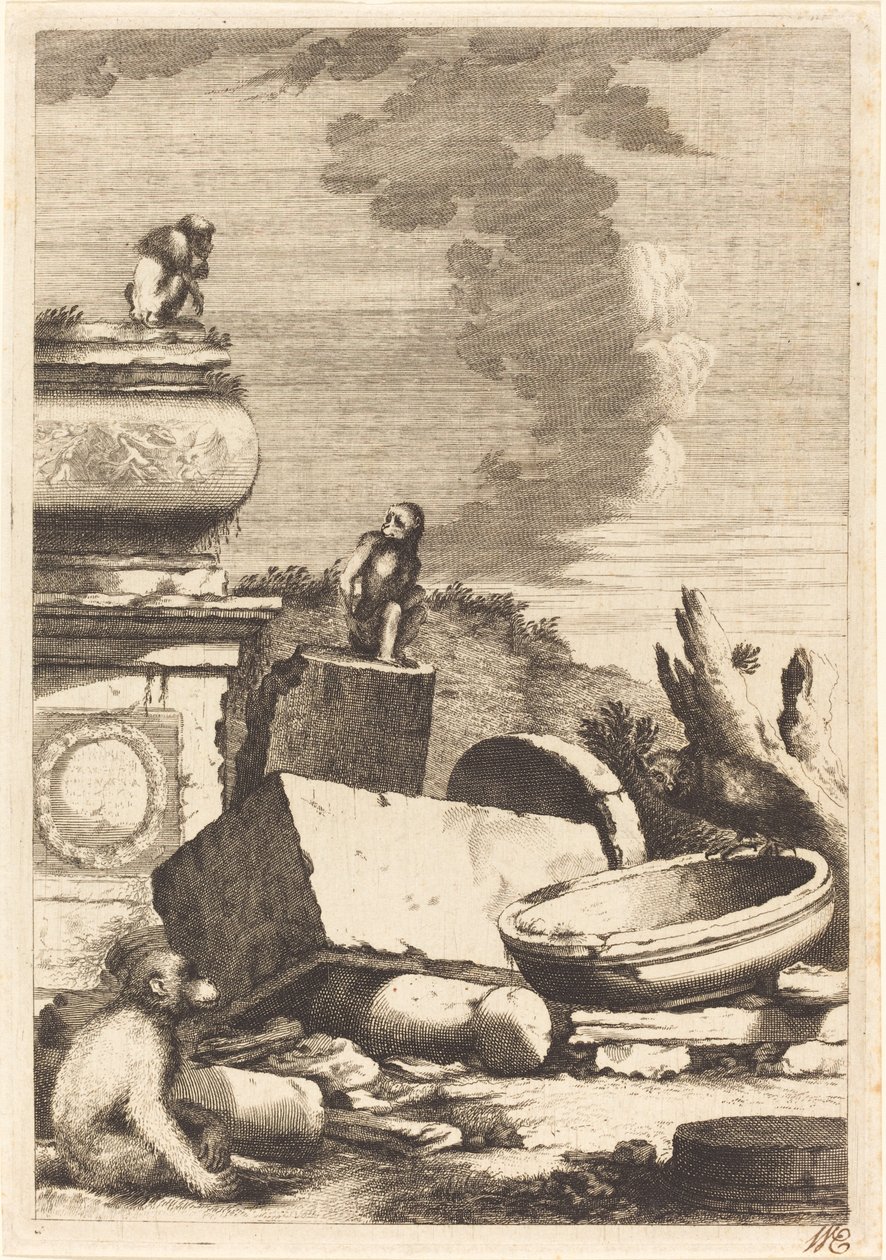 Ruins with Monkeys and an Owl by Bernhard Zaech after Jonas Umbach