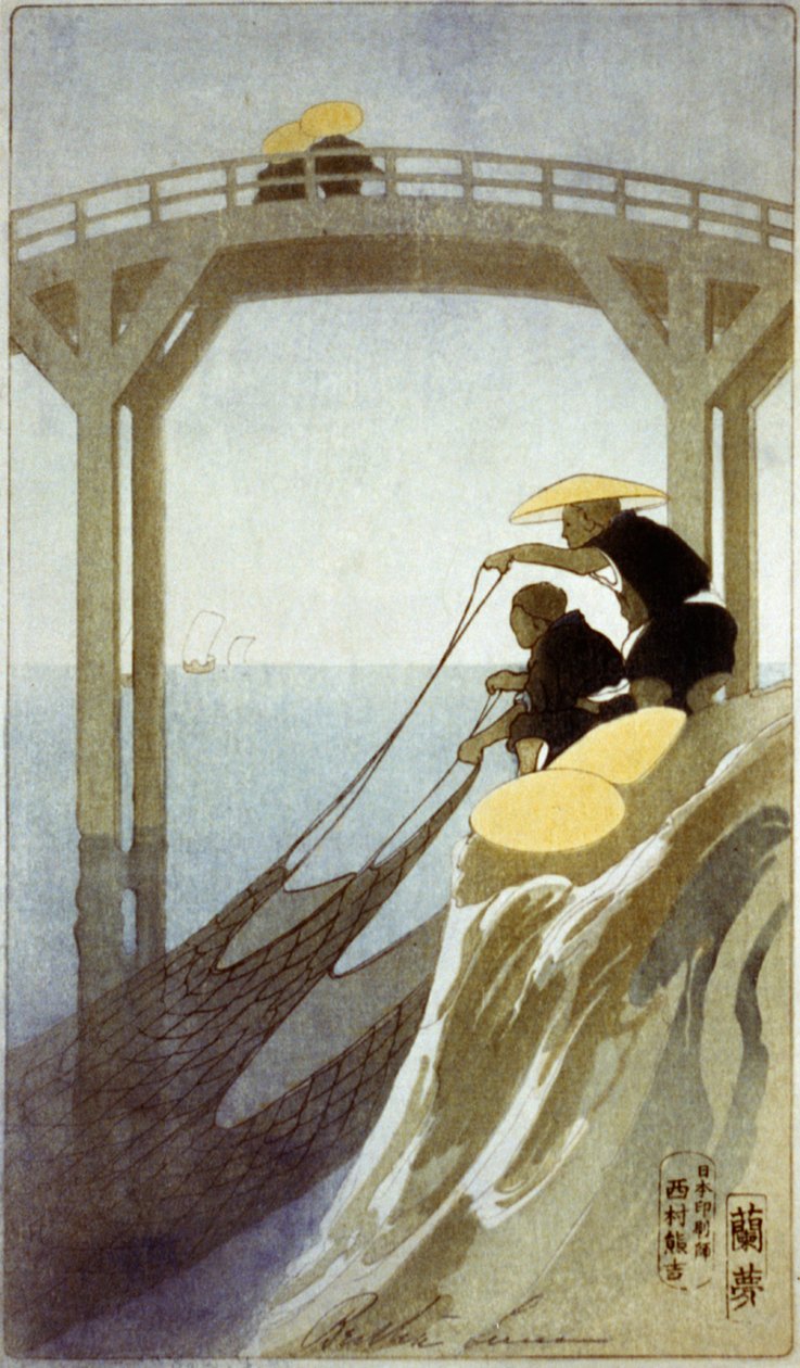 Two Japanese Fishermen Holding Large Net by a Bridge, Woodcut c. 1913 by Bertha Lum by Bertha Boynton Lum