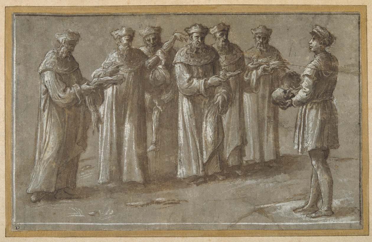 Six professors of anatomy, discussing a skull and flayed limbs by Biagio Pupini