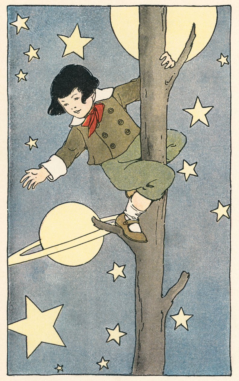 Boy Climbing a Tree Among the Stars and Planets by Blanche Fisher Wright