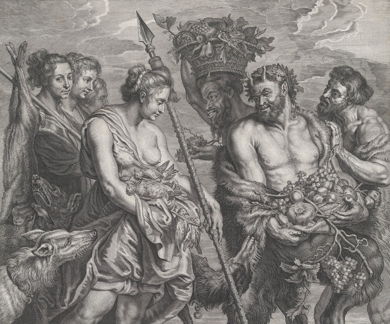 Diana Returning from the Chase, accompanied by dogs and her nymphs at left, two satyrs, ca. 1640-59 by Boetius Adams Bolswert