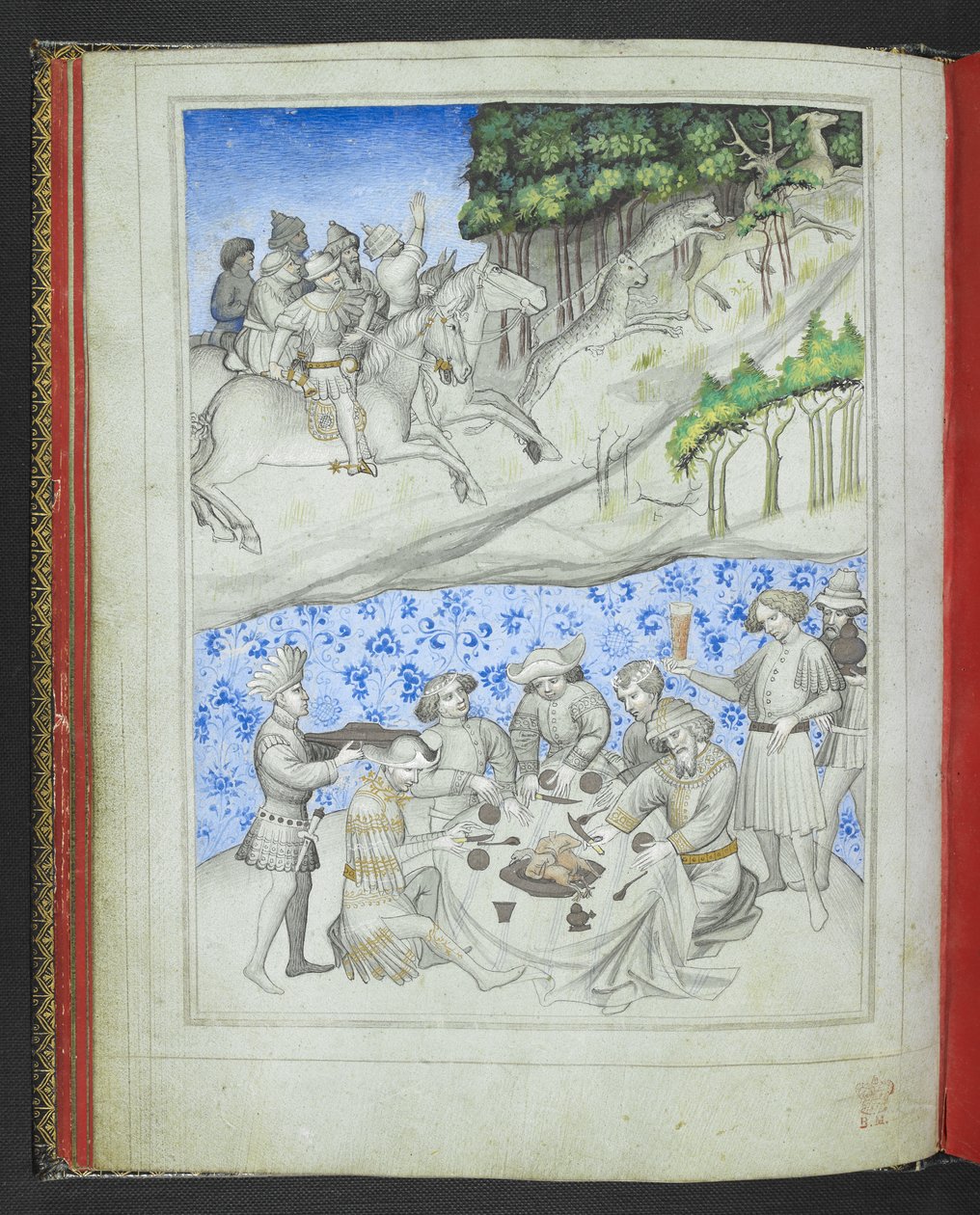 Recreation in Cyprus with, above, a deer hunt using leopards and, below, a feast, from the 