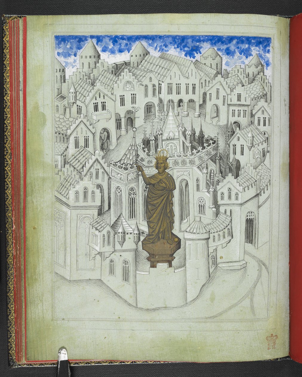 The city of Constantinople, with a large statue of the Emperor Justinian standing before the cathedral of St Sophia, from the 